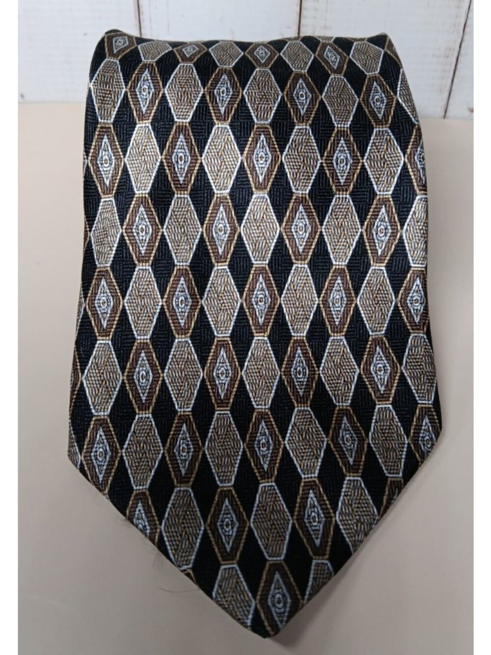 Geoffrey Beene Silk Tie Vtg 90s Black Repeating Geometric Diamond Hexagonal 4x59